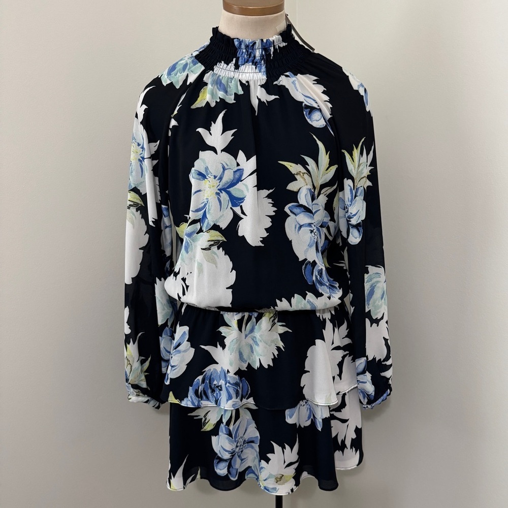 NEW Yumi Kim Small Black Blue Floral Black Long Sleeve Mini Dress Party Feminine